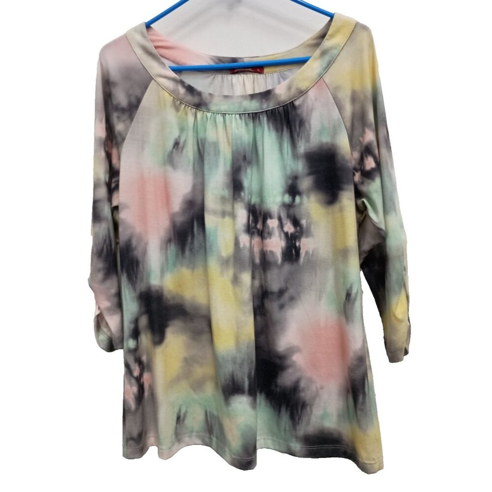 Bashara‎ Lesser Womens Hippie BOHO Top Large Multi Tie Dye Raglan Sleeve Casual